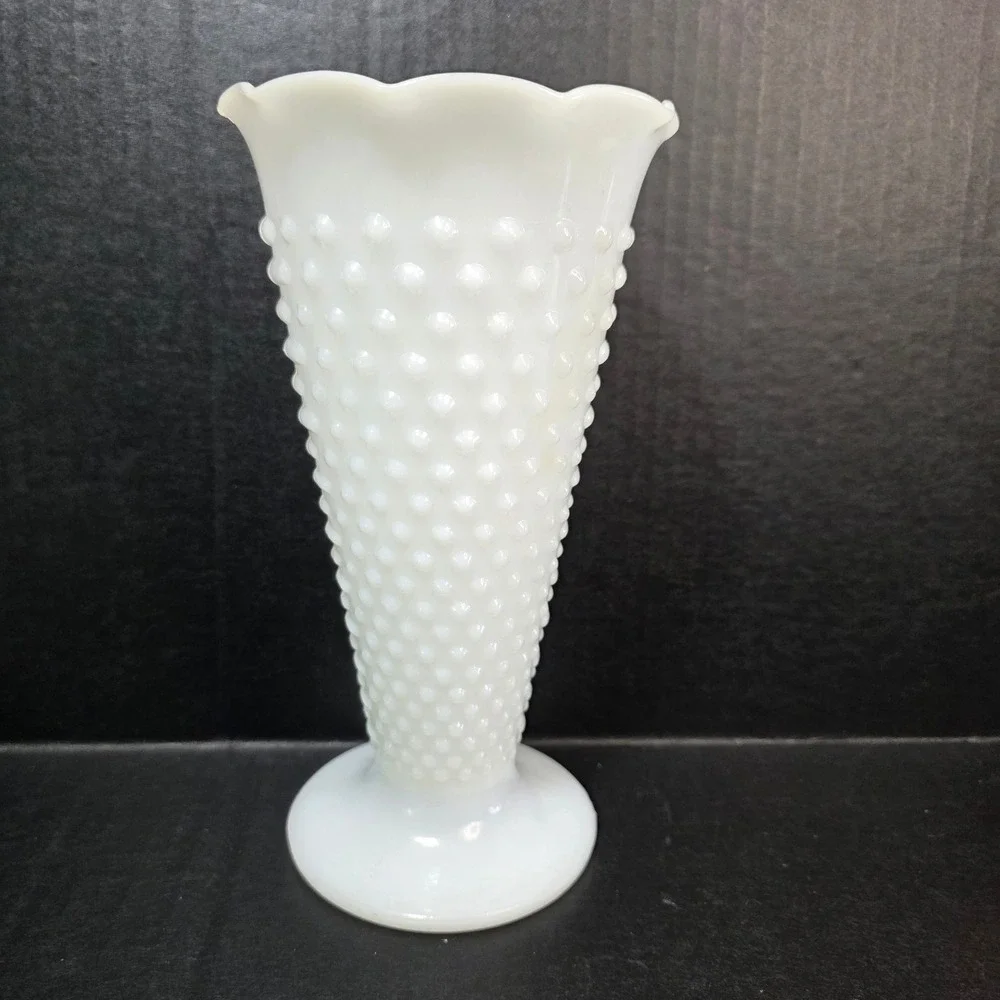 Hobnail Milk Glass Vase Scalloped Trumpet 9 Inch White Vintage Pedestal